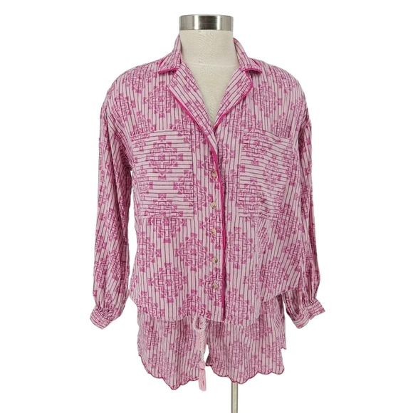 Anthropologie Other - Anthropologie Ella Pajama Set Pink Southwestern Long Sleeve Sleep Shorts